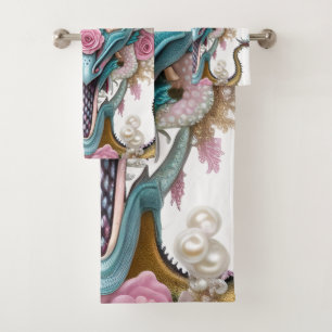 Portrait of a beautiful whimsical pink dragon head bath towel set