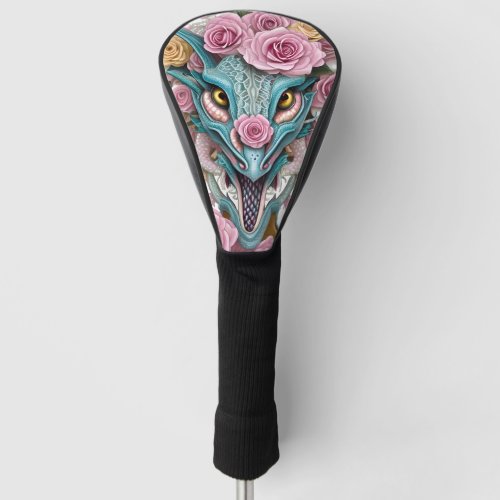 Portrait of a beautiful whimsical pink dragon head golf head cover
