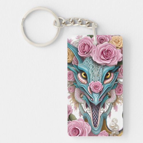 Portrait of a beautiful whimsical pink dragon head keychain