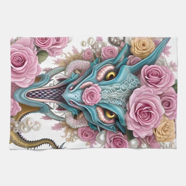 Portrait of a beautiful whimsical pink dragon head kitchen towel (Horizontal)