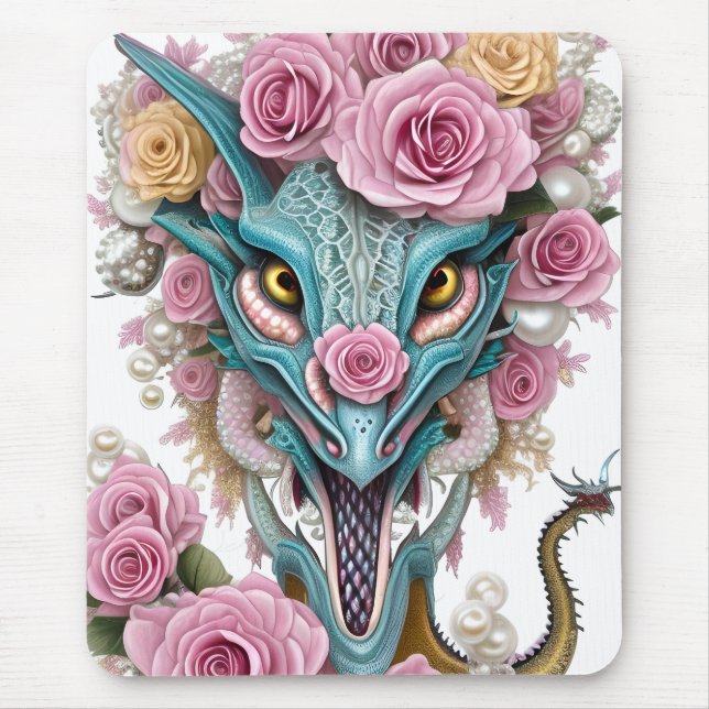 Portrait of a beautiful whimsical pink dragon head mouse pad (Front)