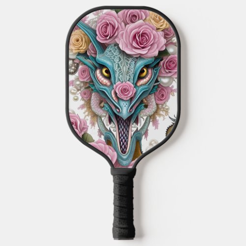 Portrait of a beautiful whimsical pink dragon head pickleball paddle