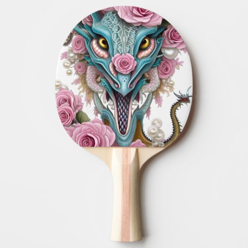 Portrait of a beautiful whimsical pink dragon head ping pong paddle