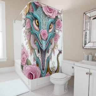 Portrait of a beautiful whimsical pink dragon head shower curtain