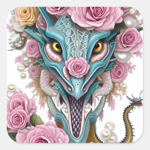 Portrait of a beautiful whimsical pink dragon head square sticker