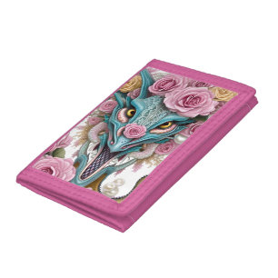 Portrait of a beautiful whimsical pink dragon head tri-fold wallet