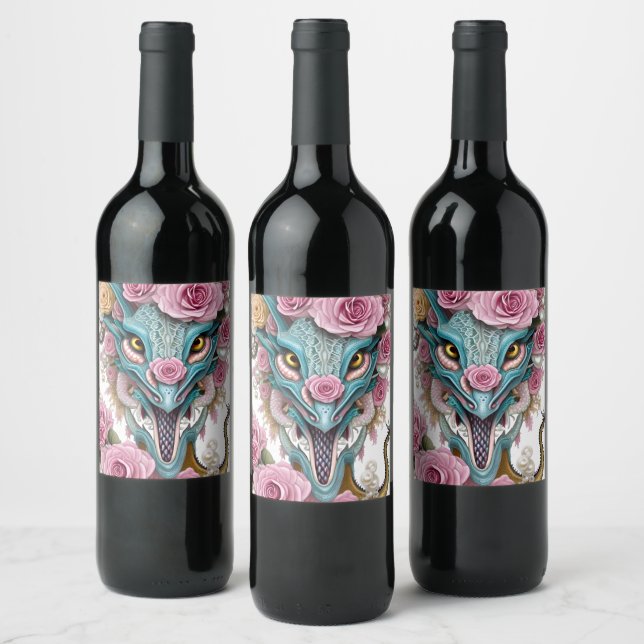 Portrait of a beautiful whimsical pink dragon head wine label (Bottles)