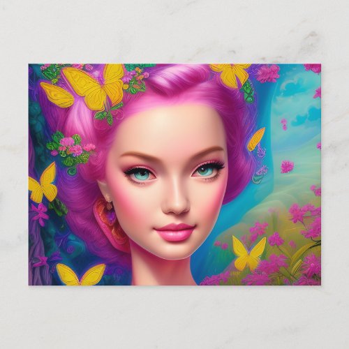 Portrait of a beautiful woman with bright pink postcard