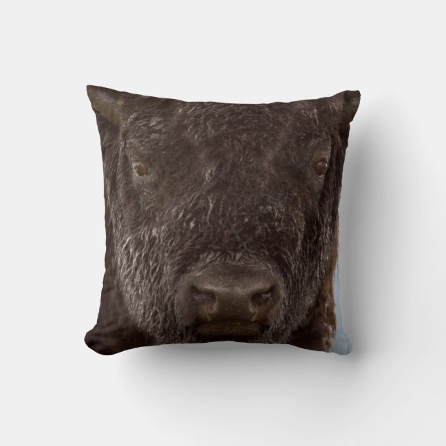 Portrait Of A Bison Bull In The Rain Throw Pillow (Front)