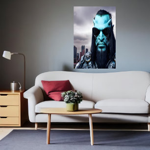 Portrait of a blue alien with sunglasses AI Art Poster