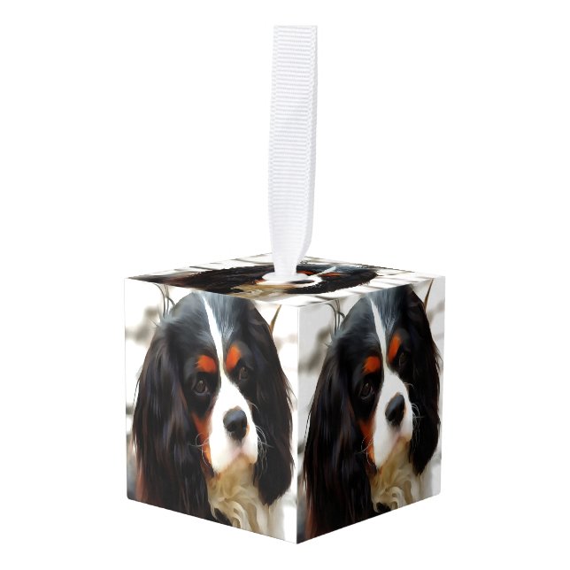 Portrait Of A Cavalier King Charles Spaniel Cube Ornament (Front Angled)