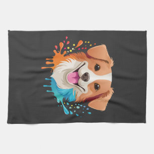 Portrait of a cute dog with fluid colors dripping kitchen towel