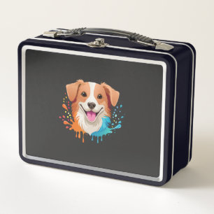 Portrait of a cute dog with fluid colors dripping metal lunch box
