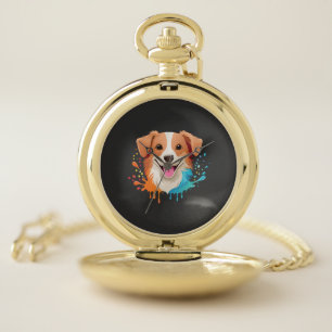 Portrait of a cute dog with fluid colors dripping pocket watch