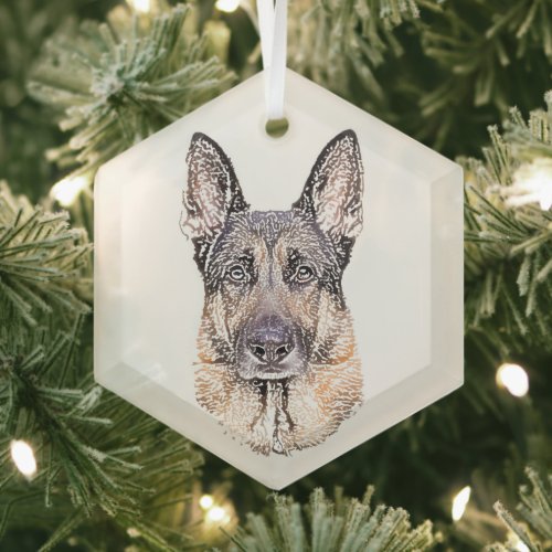 Portrait of a German Shepherd Dog Colored Sketch Glass Ornament