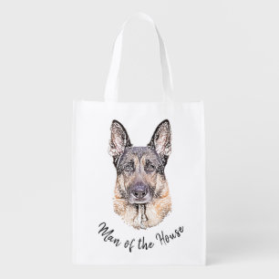 Portrait of a German Shepherd Dog Sketched Art Grocery Bag