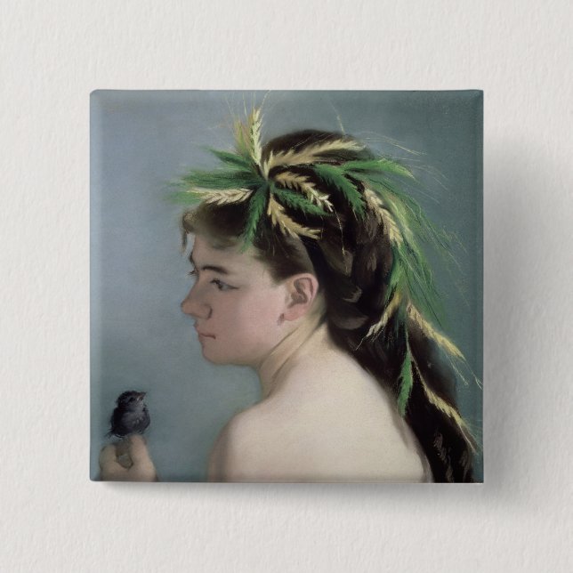 Portrait of a Girl holding a Sparrow Pinback Button (Front)