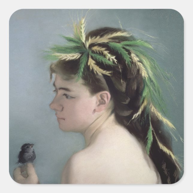 Portrait of a Girl holding a Sparrow Square Sticker (Front)