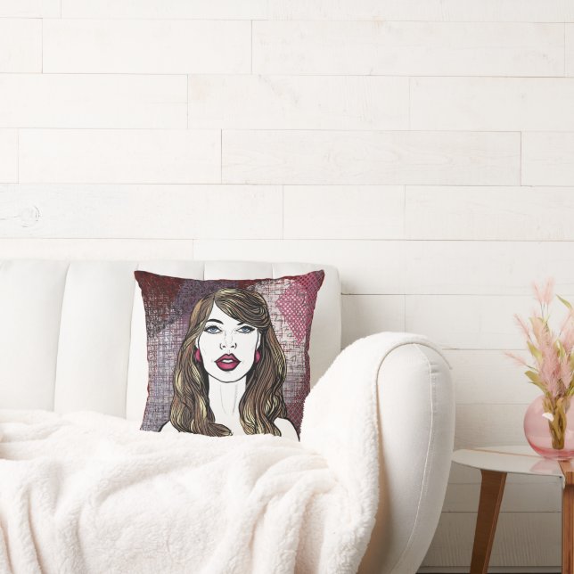 Portrait of a girl with long brown hair throw pillow (Couch)