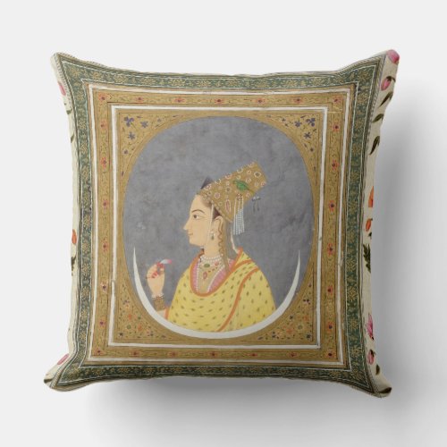 Portrait of a lady holding a lotus petal from the throw pillow