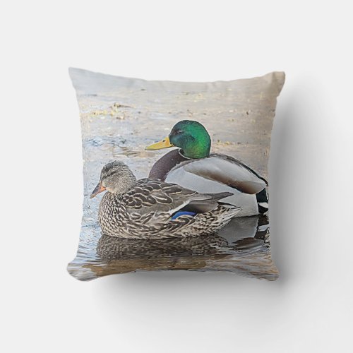 Portrait of a male and female mallard throw pillow