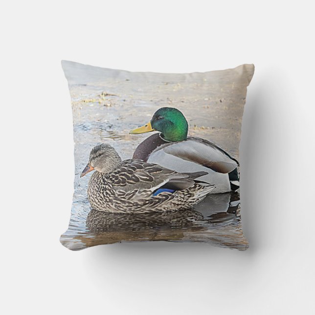 Portrait of a male and female mallard throw pillow (Front)