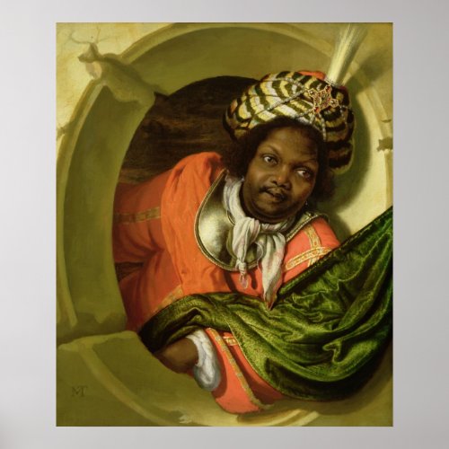 Portrait of a Moor holding a flag at a window Poster