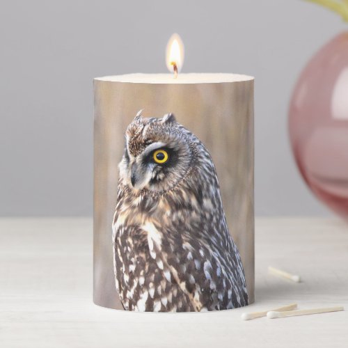 Portrait of a Short_Eared Owl in the Marsh Pillar Candle