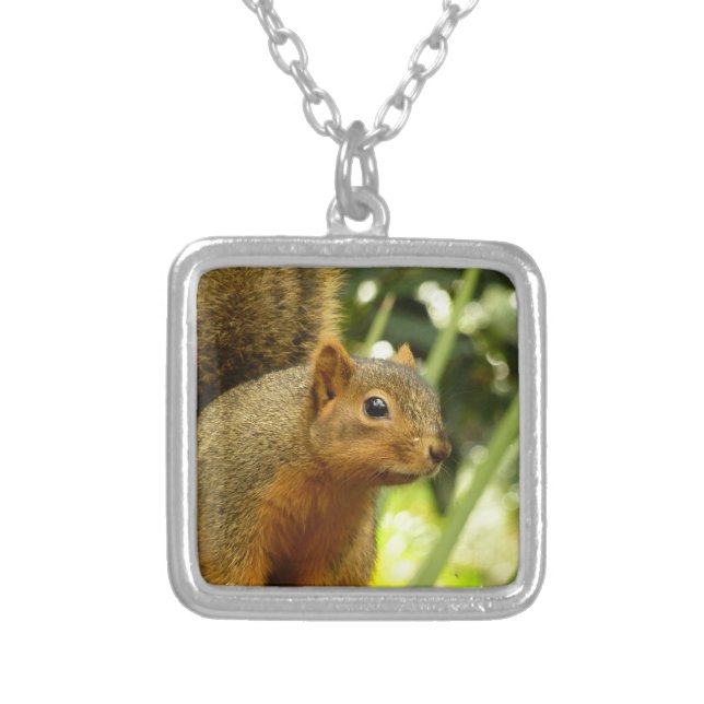 Portrait of a Squirrel Nature Animal Photography Silver Plated Necklace (Front)