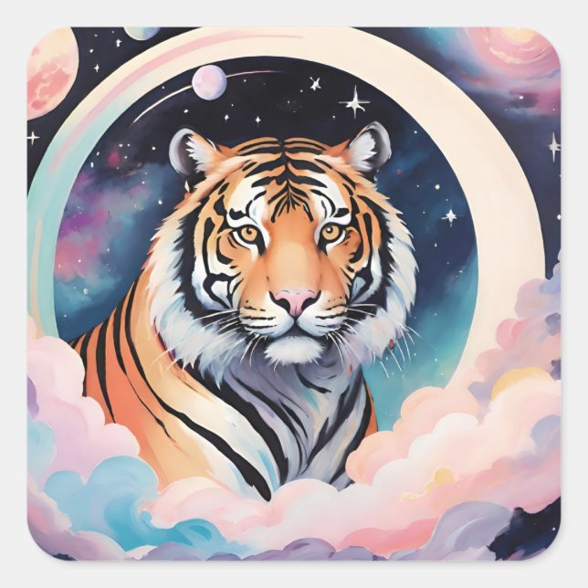 Portrait of a tiger in space square sticker (Front)