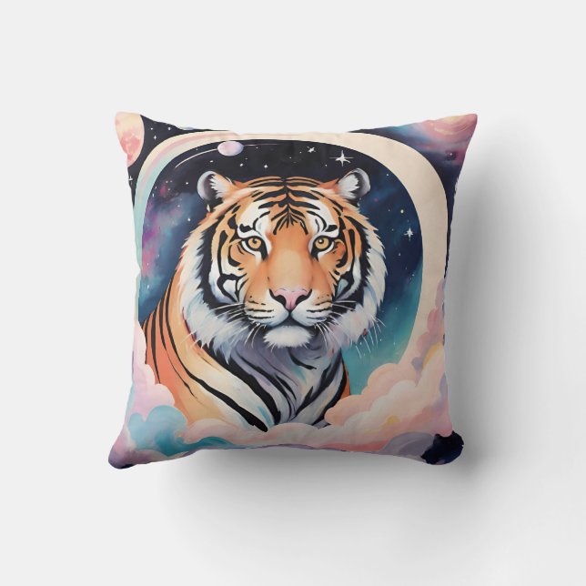 Portrait of a tiger in space throw pillow (Back)