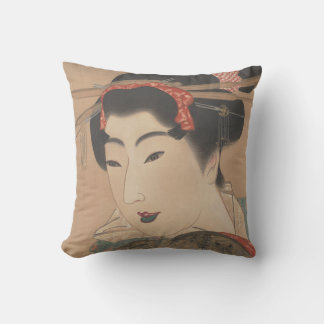 Portrait of a Woman with White Fan – Vintage Japan Throw Pillow