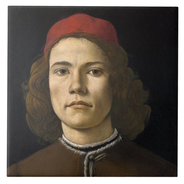 Portrait of a Young Man (by Sandro Botticelli) Ceramic Tile (Front)