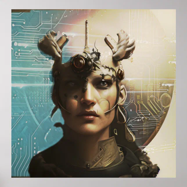 portrait of an android in a digital universe poster | Zazzle