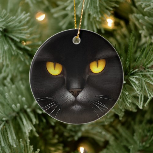 Portrait of Angry Fluffy Black Persian Cat Face Ceramic Ornament