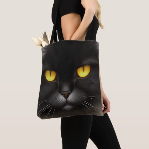 Portrait of Angry Fluffy Black Persian Cat Face Tote Bag