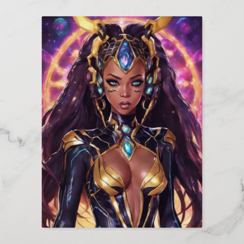 Portrait of Anime as a cosmic goddess Foil Holiday Postcard