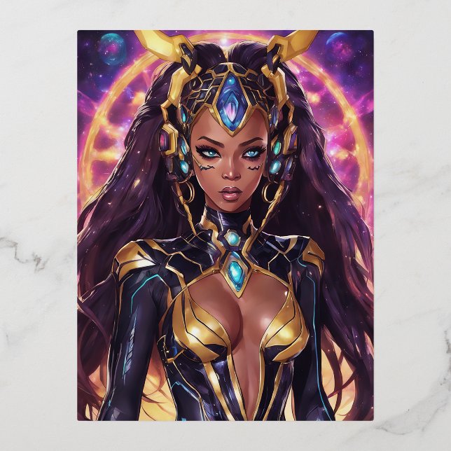 Portrait of Anime as a cosmic goddess Foil Holiday Postcard (Front)