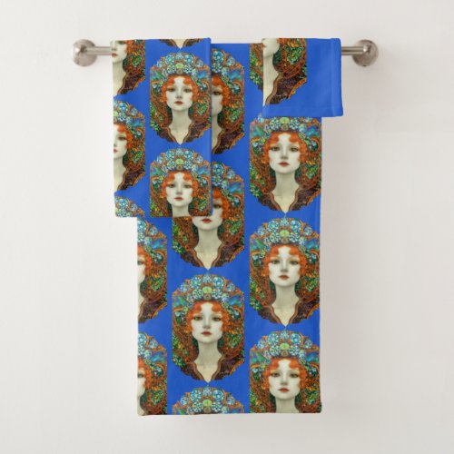 Portrait of Beautiful Woman in Stained Glass Style Bath Towel Set