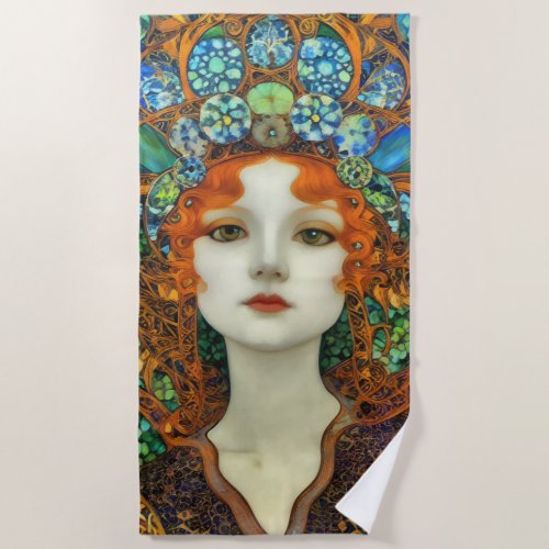 Portrait of Beautiful Woman in Stained Glass Style Beach Towel