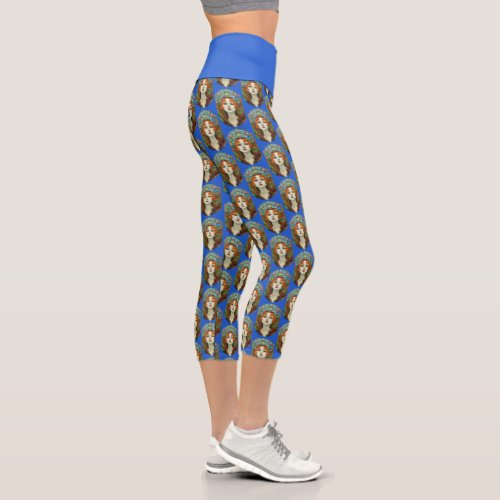 Portrait of Beautiful Woman in Stained Glass Style Capri Leggings