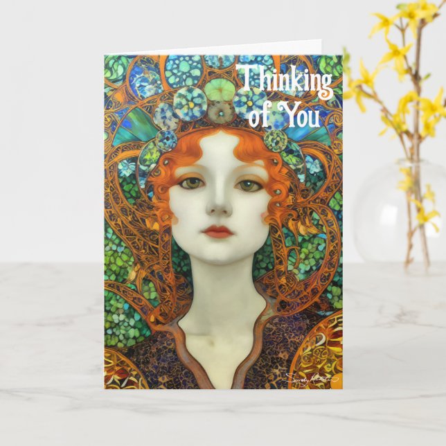 Portrait of Beautiful Woman in Stained Glass Style Card (Yellow Flower)