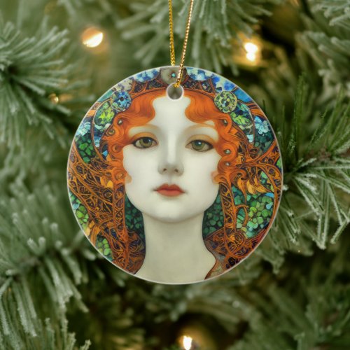 Portrait of Beautiful Woman in Stained Glass Style Ceramic Ornament