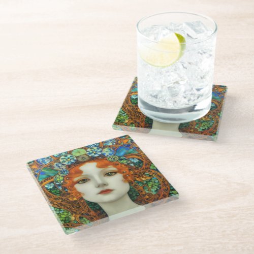 Portrait of Beautiful Woman in Stained Glass Style Glass Coaster