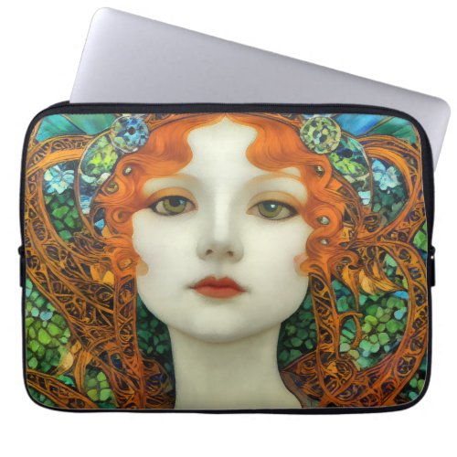 Portrait of Beautiful Woman in Stained Glass Style Laptop Sleeve