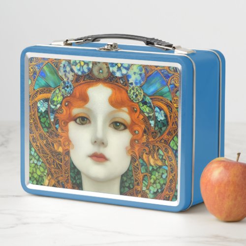 Portrait of Beautiful Woman in Stained Glass Style Metal Lunch Box