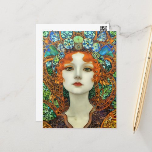 Portrait of Beautiful Woman in Stained Glass Style Postcard