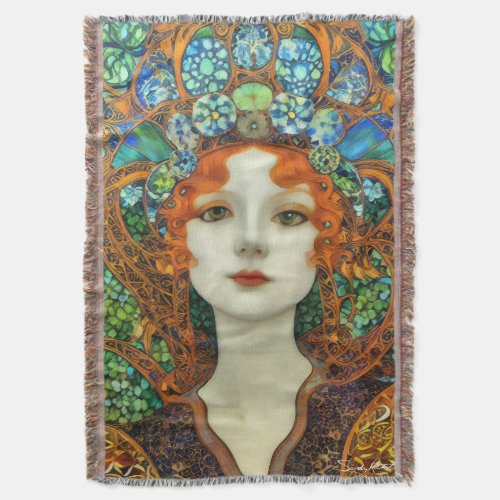 Portrait of Beautiful Woman in Stained Glass Style Throw Blanket