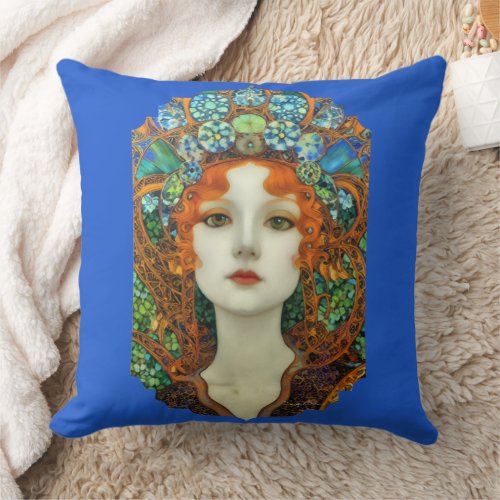 Portrait of Beautiful Woman in Stained Glass Style Throw Pillow