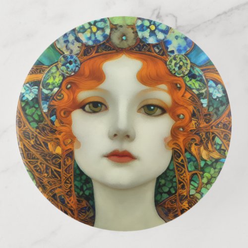 Portrait of Beautiful Woman in Stained Glass Style Trinket Tray